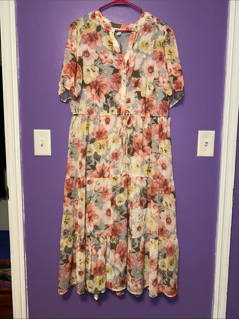 Floral Tiered Maxi Dress with Drawstring Waist in Rose and Yellow